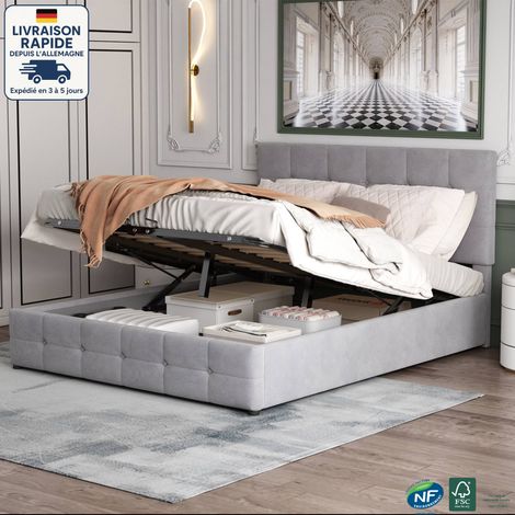 Lit coffre 140x200cm, tête de lit réglable en hauteur, lit adulte, velours, lit double sans matelas, gris (1/5)