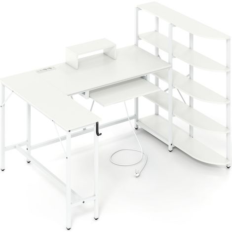 Bureau en L avec bibliothèque de rangement 160 x 108 x 109,5 cm station de charge pratique style moderne en bois d’ingénierie blanc