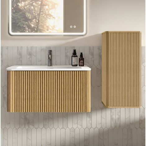Meuble de salle de bain suspendu 81 cm avec lavabo effet chêne et colonne OKWISH (1/5)
