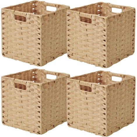Lot de 4 paniers pliables tressés en imitation rotin - 28 x 28 x 28 cm - Pour garde-manger, armoire, panier d'étagère cubique - Imperméables - Ne moisissent pas - Couleur naturelle (1/5)