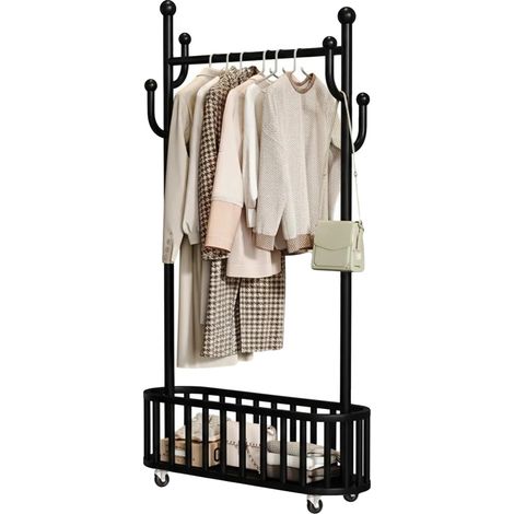 Porte-vêtements, roulant avec des roues, panier de rangement robuste, noir, 80cm L (1/2)