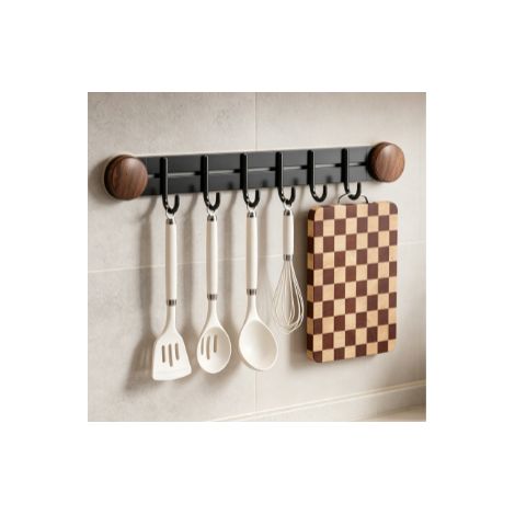 porte‑ustensiles mural couleur noyer à 6 crochets fixation par ventouse sans perçage étagère de rangement pour spatule cuillère et accessoires de cuisine (1/5)