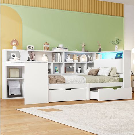 Letto bambini 90x200 cm con scrivania, vani portaoggetti, testiera imbottita, 2 cassetti, illuminazione LED e rete a doghe, senza materasso, bianco (1/5)