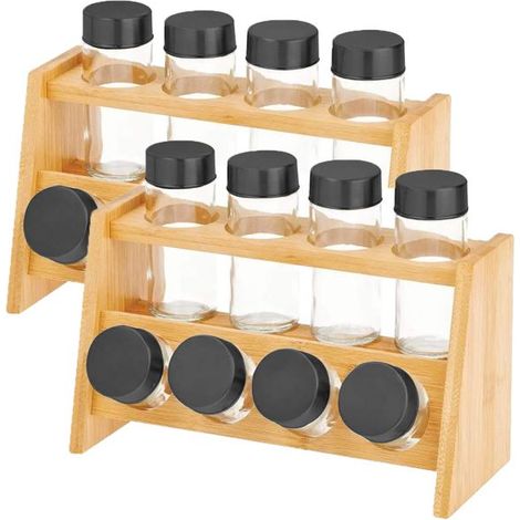 Lot de 2 support à épices en bambou avec 6 pot en verre, pot rond hermétique avec couvercle (1/4)