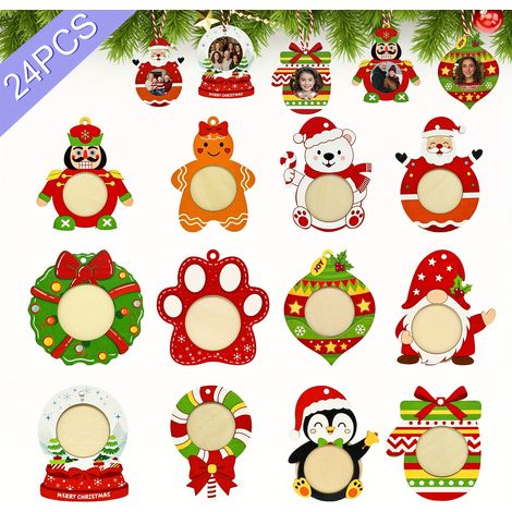 Lot de 24 cadres photo décoratifs de Noël en bois à suspendre soi-même pour le sapin, impression couleur. (1/5)
