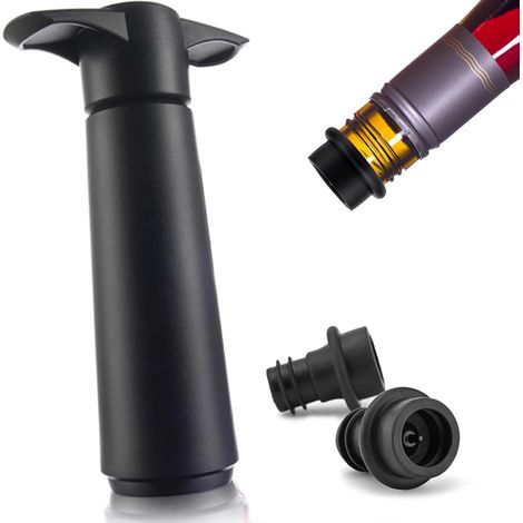 Pompe à Vide Vin avec 2 Bouchons, Bouchon Bouteille Vin Réutilisable pour Conserver la Fraîcheur Du Vin, Accessoires Vin, Noir (1/5)