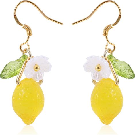 Pendientes Lemon Drop, pendientes de aro delicados de resina amarilla con forma de limón, pendientes de limón, regalo de joyería para mujer. (1/5)