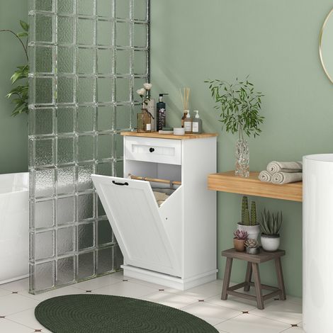 Badezimmerschrank mit Wäschekorb und Schublade, Schrank mit Wäschekorb aus Holz und innenliegendem Stoffkorb, Weiß