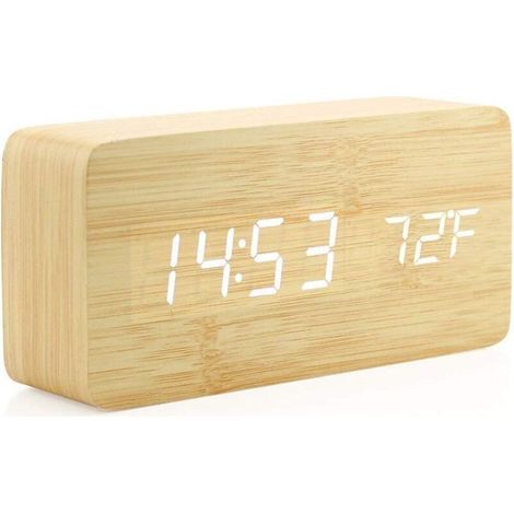 Horloge en Bois Réveil numérique en Bois créatif Réveil LED Multifonctionnel élégant avec Alimentation USB Commande vocale - Bois de Bambou (1/5)