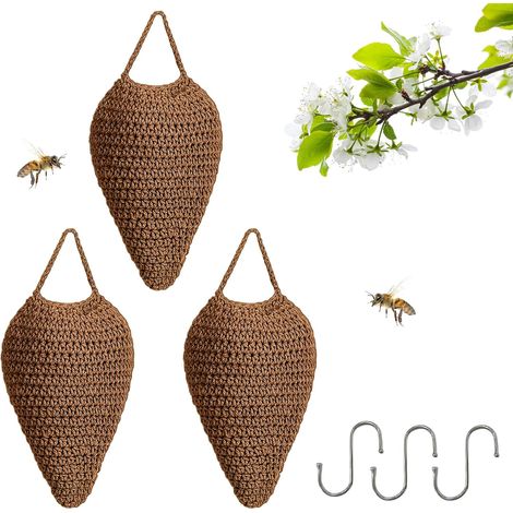 Coton Crocheté Faux Nid De Guepe, 3 Pièces Durabilité Faux Nid De Frelon Pour Terrasse, Gouttières, Jardin Balcon, Empêcher Les Guêpes De Faire Leur Nid (20x36cm, Marron) (1/5)