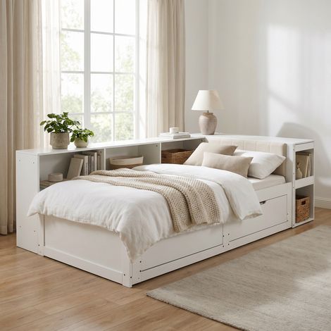 Cadre de lit extensible 90x200cm avec bureau, coin lecture, prise EU et 2 tiroirs de rangement, lit gain de place à sommier à lattes, blanc mat (1/5)