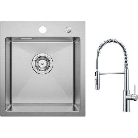 Cecipa Évier 1 Bac Brossé Évier de Cuisine 40 × 45 cm Évier Inox 304 Montage à Encastrer + Mitigeur de Cuisine à Ressort avec Douchette Extractible, Robinet Evier 2 Modes de Sortie D'eau, Brossé (1/5)