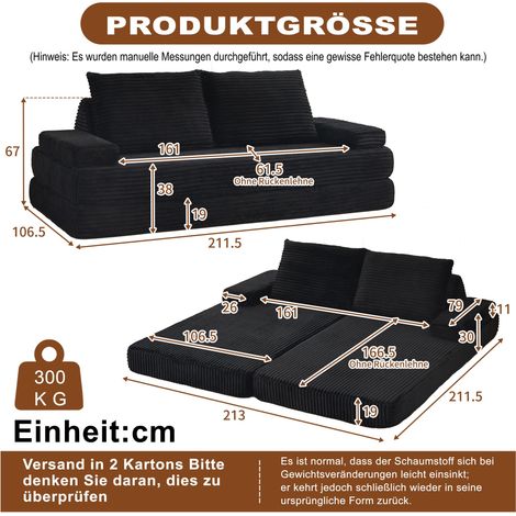 Divano moderno in velluto a coste, lungo 211 cm, combinabile con un letto, con diverse opzioni di configurazione grazie a due schienali triangolari, due cuscini e due braccioli rimovibili. (1/5)