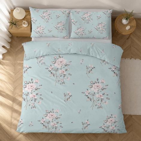 Ensemble de literie 135x200 cm Vert Fleuri Microfibre avec 2 taies d'oreiller 80x80 cm