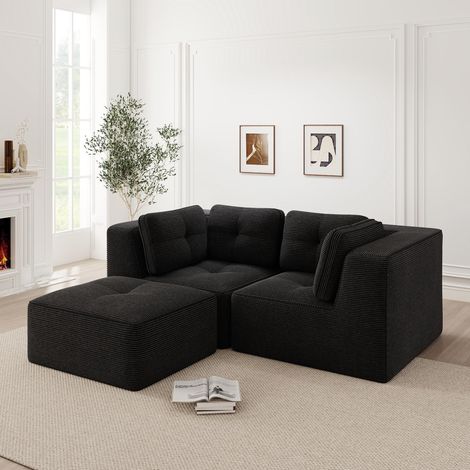 Canapé d'angle modulable et configurable, deux places, canapé en L sans cadre avec pouf amovible, tissu velours côtelé confortable, convient au salon et à la chambre, noir. (1/5)
