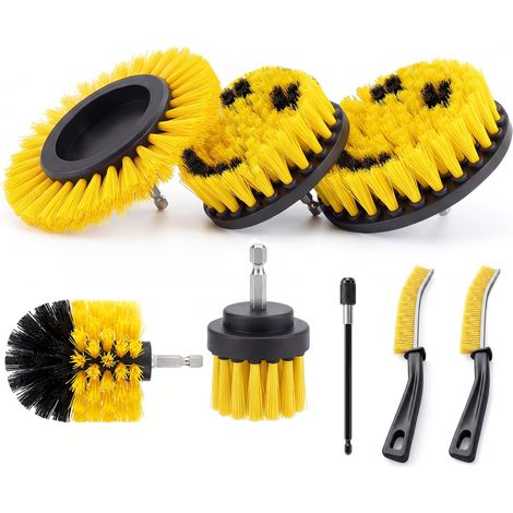 Ensemble de 4 embouts de brosses pour perceuse, brosses à récurer, kit de nettoyage pour voitures, carreaux de douche, roues, moquette, mortier, tissus d'ameublement, jaunes (1/5)