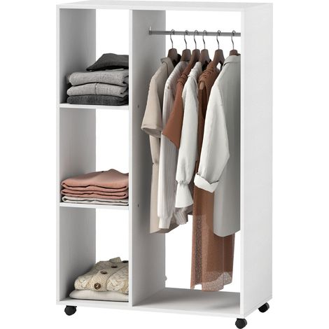 Armario con Ruedas, Armario Móvil, 1 Barra para Ropa, 3 Estantes, Armario, Perchero con Ruedas para Pasillo, Dormitorio, 80 x 40 x 128 cm, Blanco