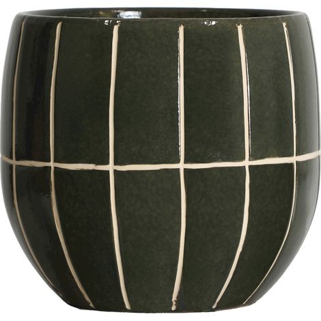 Cache pot en céramique verte brillante - vert brillant avec lignes claires (1/4)