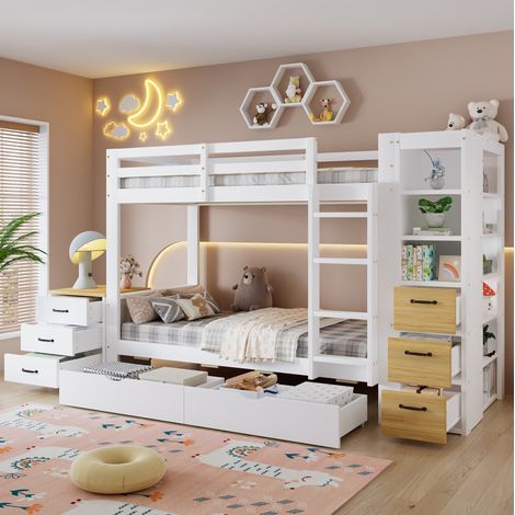 Litera 90/200 cm en madera blanco/natural con 2 cajones, estantería lateral y mesita (1/5)