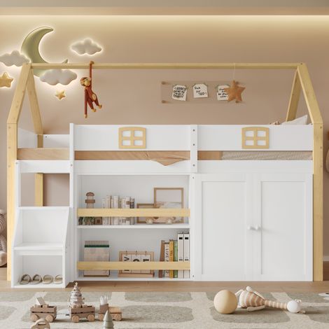 Lit superposé, lit en bois, lit mezzanine, échelle de rangement sécurisée à deux marches, nombreux espaces de rangement avec étagères et penderie, 90x200cm, lit cabane enfants, lit superposé enfant (1/5)