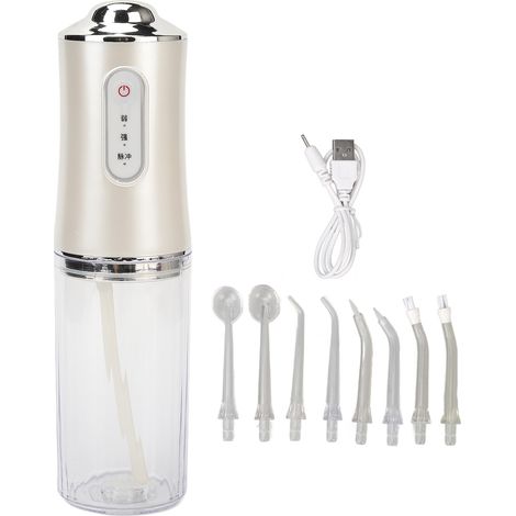 Hydropulseur électrique blanc, appareil portable de nettoyage buccal et dentaire à domicile pour des dents fraîches et propres. (1/5)