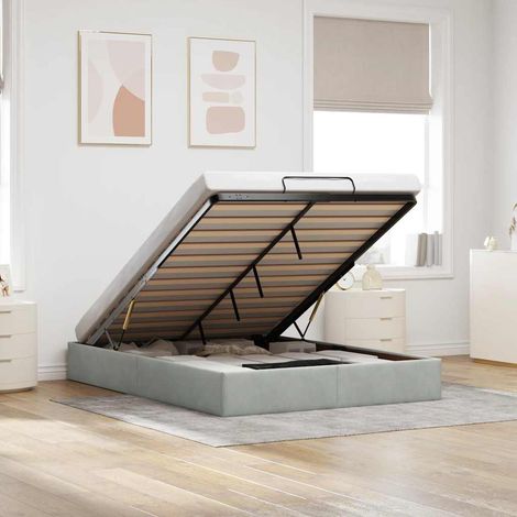 Cadre de lit coffre 140 x 190 cm avec rangement, velours gris clair, sommier à lattes - PANGIVO (1/5)