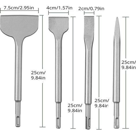 Ensemble de 4 burins à béton, ensemble de forets pour marteau perforateur, comprenant un burin pointu, un burin plat de 20 mm, 40 mm et 75 mm (1/5)