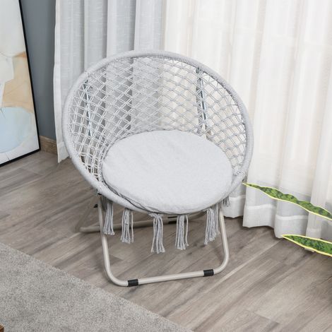 Fauteuil rond jardin papasan pliable, loveuse macramé gris, assise suspendue confortable en coton et polyester, grand modèle pour terrasse ou salon. (1/5)