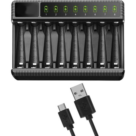 Ecleanfy - Chargeur 8 emplacements pour piles AA/AAA avec écran LCD pour piles rechargeables NiMH/NiCD AA/AAA, chargement USB-C indépendant