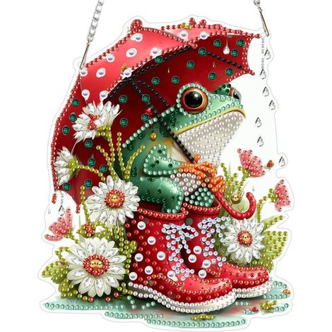 Diamond Painting Anhänger Frosch mit Regenschirm, Fensterbild Bastelset für Erwachsene