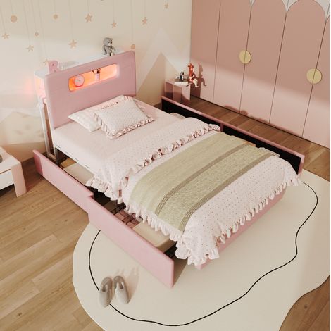 Cama infantil 90x200 cm de terciopelo rosa, 4 cajones, ahorra espacio, sin colchón – MEUBLIV (1/5)