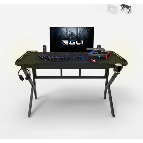 Mesa gamer LED de carbono con soporte para auriculares y bebidas 120x60 Sportbot LED 120 - Negro
