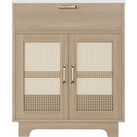 Meuble vasque de salle de bains sur pied 76x46x88cm, résistant à l'humidité, avec tiroir relevable et doubles portes à fermeture douce, pieds hauts avec détails en rotin, lavabo en céramique, naturel (1/5)