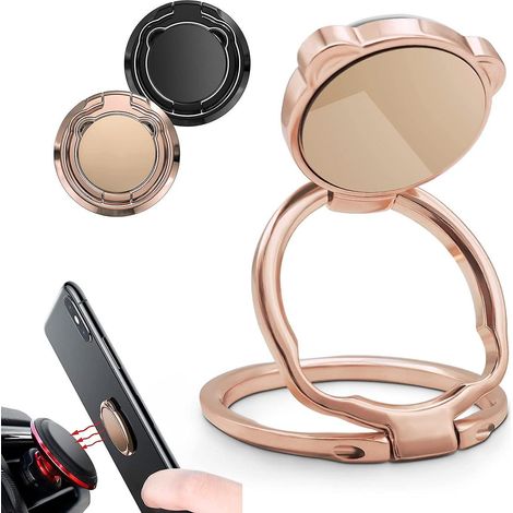 2 Pices (noir + Or Rose) Anneau Support Tlphone, Support De Bague Tlphone Portable  Rotation  360 ,support De Tlphone De Voiture Aimant En Alliage (1/5)