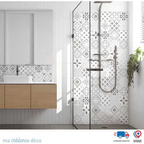 Panneau de douche : Carreaux ciment classique 2 - Couleur Gris platine - Alu composite - 90 - 245 (1/3)