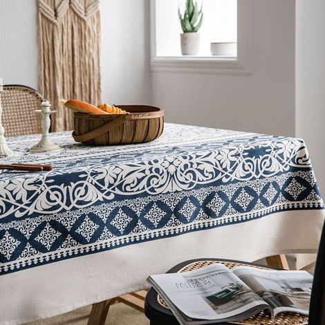 Vintage Tischdecke aus Baumwolle und Leinen mit Blumenmuster für rechteckige Tische