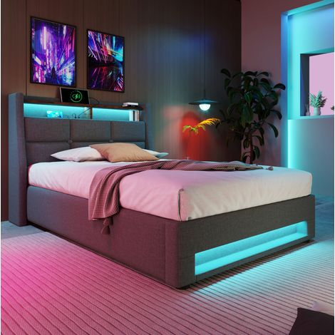 Lit capitonné vintage moderne 90x200 cm en lin gris avec tête de lit, LED, USB, coffre relevable et matelas