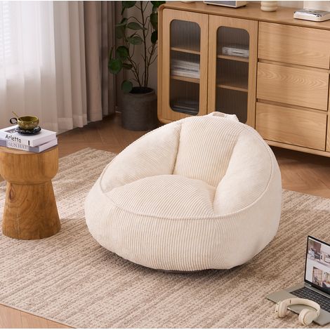 Sillón puff para adultos y niños de pana beige con respaldo y relleno de espuma (1/5)