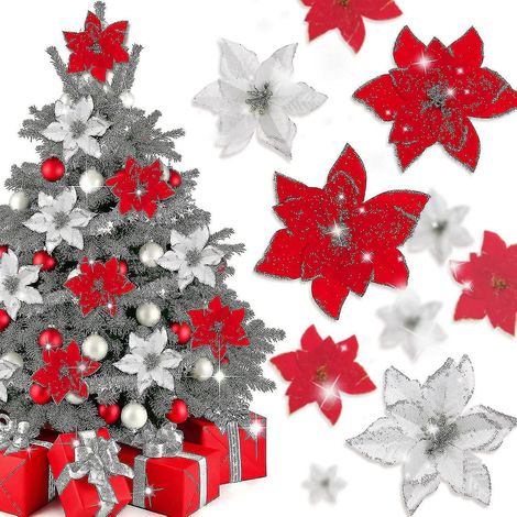 40 poinsettias artificiels de Noël avec 40 pinces et 40 tiges, fleurs rouges, argentées et pailletées. (1/5)