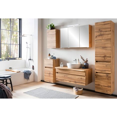 Badezimmer Kombination in Wotan Eiche Nb. mit Baumkante VIDAGO-03 inkl. Keramikbecken und LED Aufbauleuchte, B/H/T: ca. 211/200/52 cm (1/5)