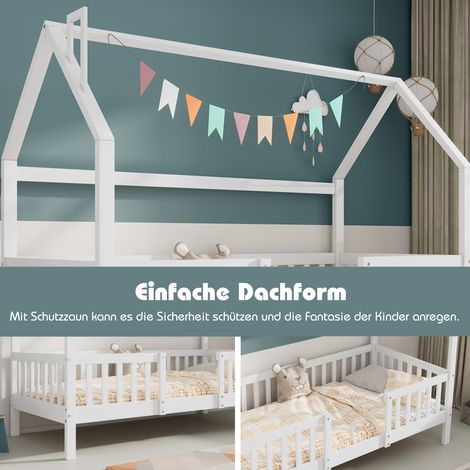 Lit enfant maison avec cheminée, sommier robuste en pin, lit cabane pour enfants, 90x200 cm sans matelas, blanc (1/5)