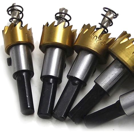 Jeu de 5 scies cloches trépan pour métal, fer et tôle, ouverture bois, perceuse à bois, avec coffret, placage titane (1/2)