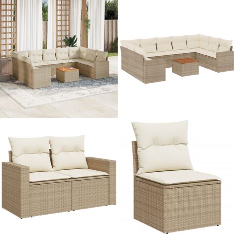 Salon de jardin avec coussins 10 pcs beige résine tressée - Ensemble Salon De Jardin - Mobilier De Jardin - Canapé Extérieur - Chaise Extérieure - Table Basse Jardin - Home & Living (1/5)