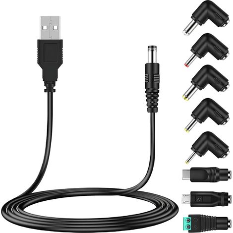 Câble d'alimentation USB vers DC 5V, 5.5 x 2.1mm DC Barrel Jack, avec 8 Jack Connecteurs (5.5mm 2.5mm,4mm 1.7mm,4.8mm 1.7mm, 3.5 1.35mm,2.5mm 0.7mm,Micro USB,Type-C,Connecteur LED) (1/5)