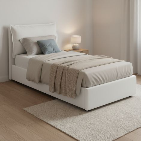 Talamo Italia - Letto singolo Aigor, Letto contenitore con rivestimento in tessuto, 100% Made in Italy, Apertura frontale, adatto per materasso Cm 90x190, Bianco (1/5)