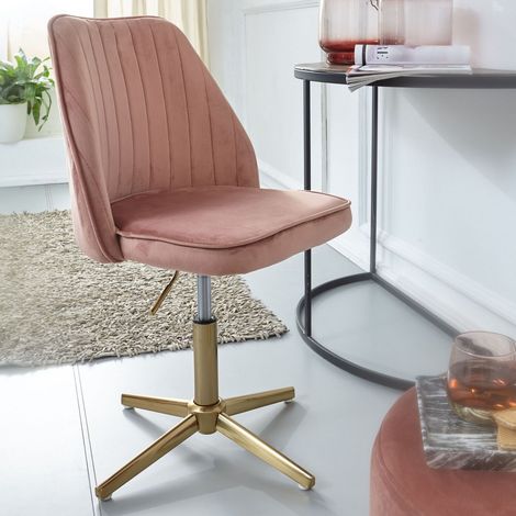 Chaise de bureau 60x60x80/100 cm en velours rose et métal doré (1/5)