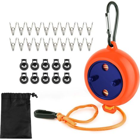 Tragbare, einziehbare Wäscheleine, 8 Meter, mit 10 Befestigungsschlaufen, 20 windfesten Clips, Aufbewahrungstasche (orange) (1/5)
