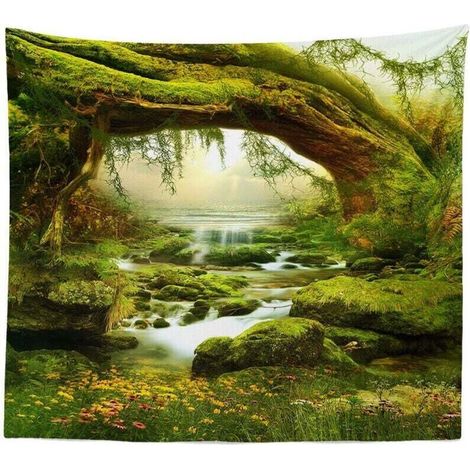 Tapiz de pared - Bosque psicodélico - Luz solar clara - Para colgar - Paisaje - Selva bohemia - Arte de pared - Decoración (200 x 150 cm) (1/4)