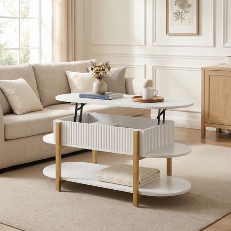 Table basse relevable 106 cm, Table de Salon avec Coffre de Rangement, Plateau de Bureau Hydraulique en Bois et Métal, Design Moderne Chic, Blanc
