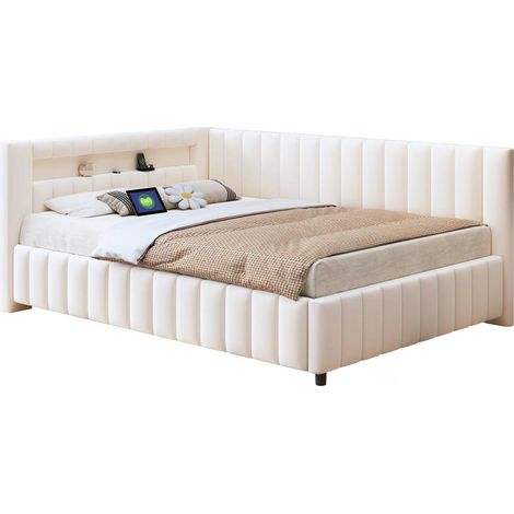 CHICFURN canapé lit tapissé angle velours beige 140 x 200 avec tête de lit LED et port USB (1/5)